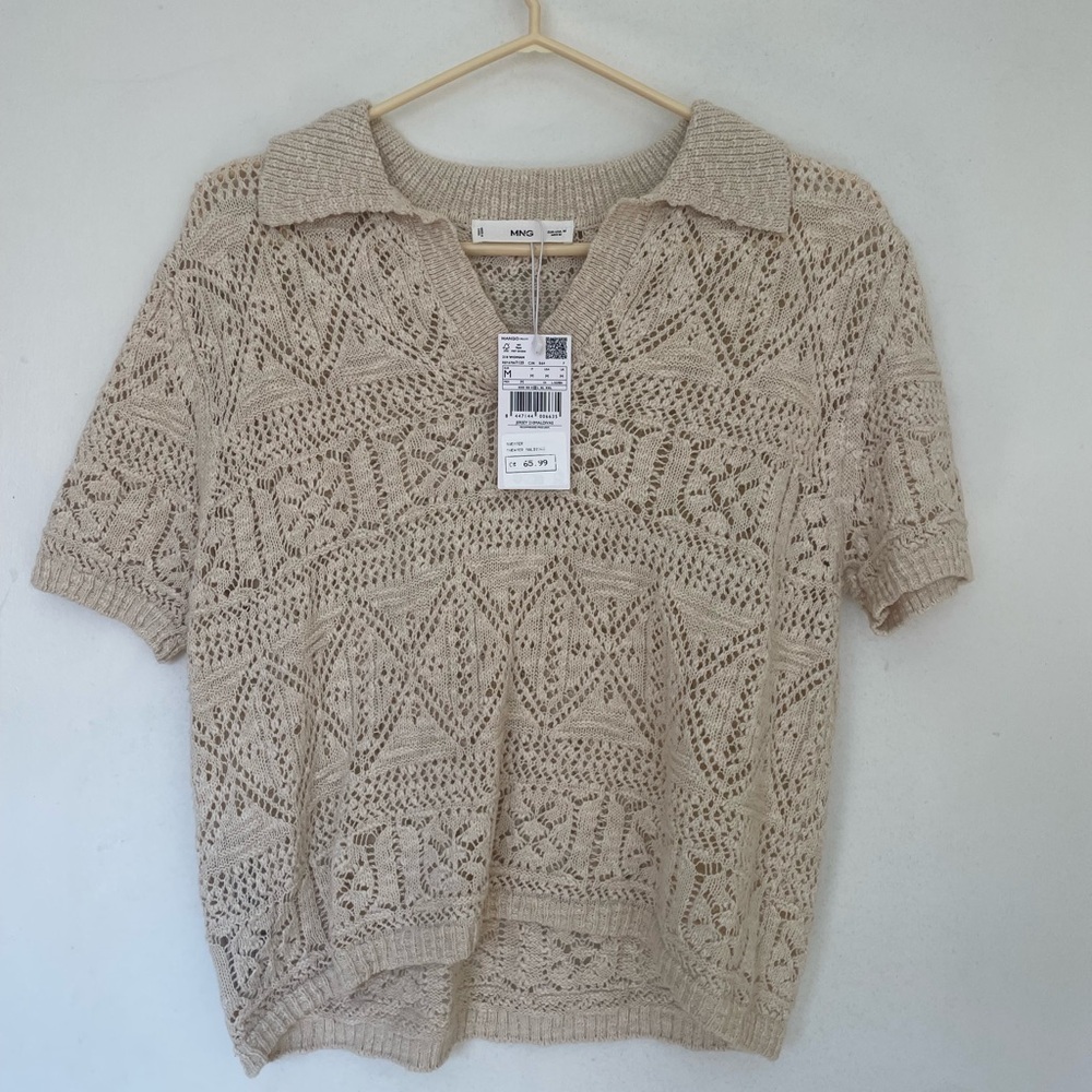 Mango Tan Cream Boxy Ribbed Polo Blouse